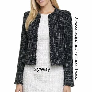 Calvin Klein Black and White Tweed Open Front Blazer Career Jacket